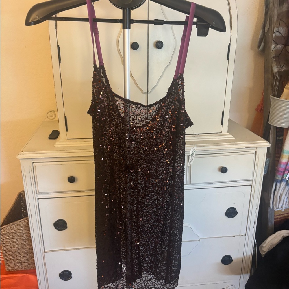 Vintage Free People brown Sequin Mini  Dress/Shirt - Picture 2 of 8